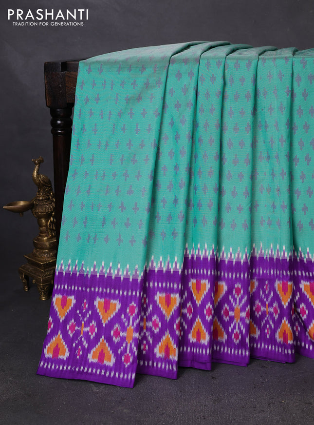 Pochampally silk saree teal green and violet with ikat butta weaves and ikat woven border