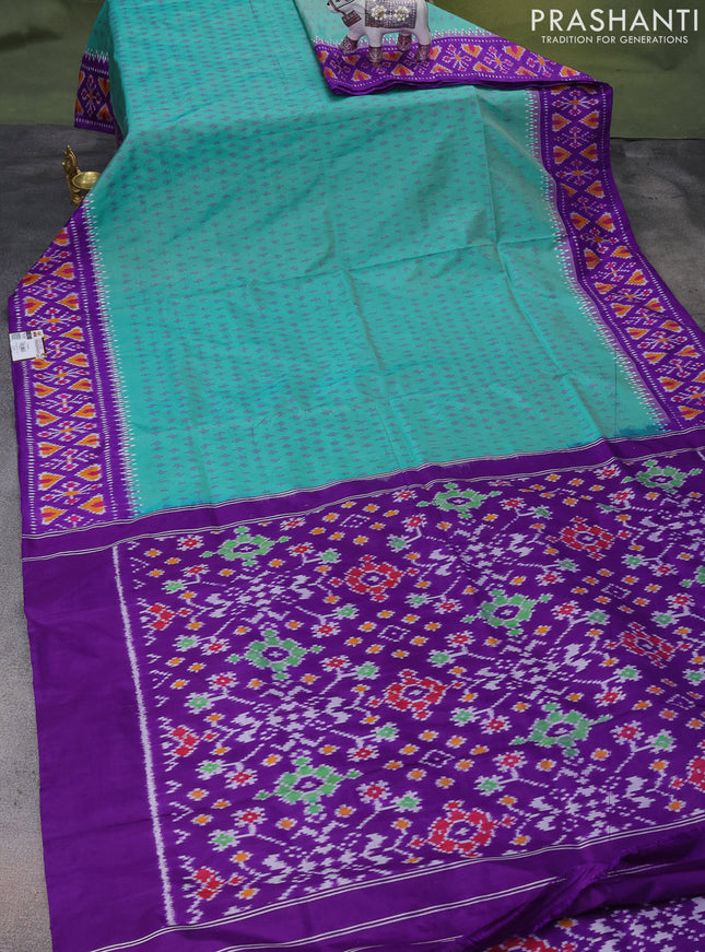 Pochampally silk saree teal green and violet with ikat butta weaves and ikat woven border