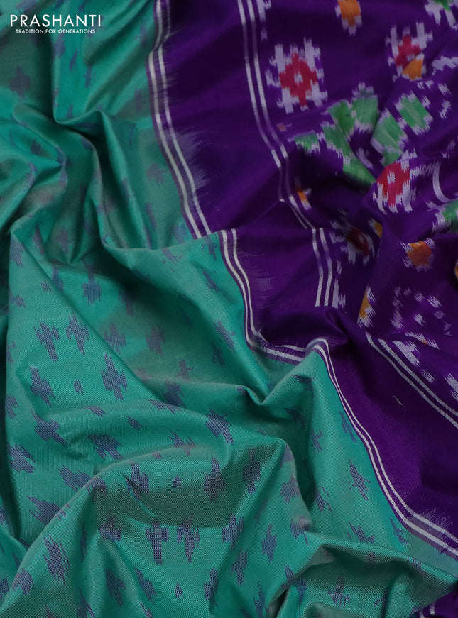 Pochampally silk saree teal green and violet with ikat butta weaves and ikat woven border