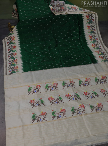 Pochampally silk saree green and cream with ikat butta weaves and ikat woven border