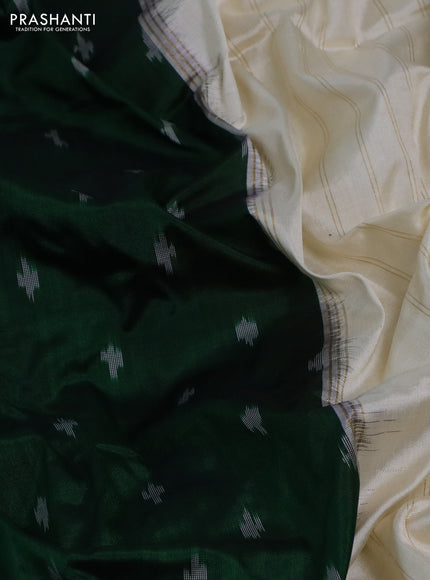 Pochampally silk saree green and cream with ikat butta weaves and ikat woven border