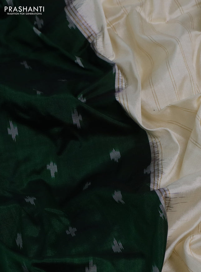 Pochampally silk saree green and cream with ikat butta weaves and ikat woven border