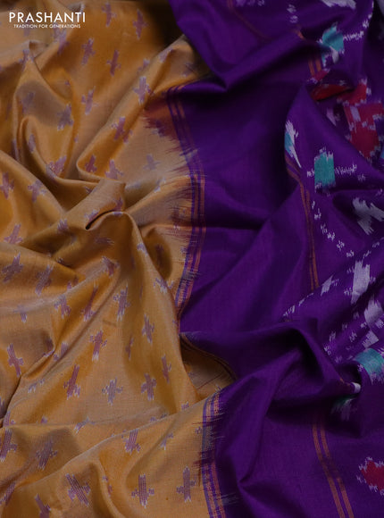 Pochampally silk saree sandal and violet with ikat butta weaves and ikat woven border