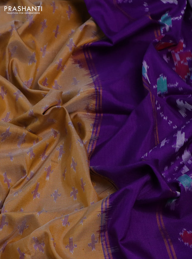 Pochampally silk saree sandal and violet with ikat butta weaves and ikat woven border