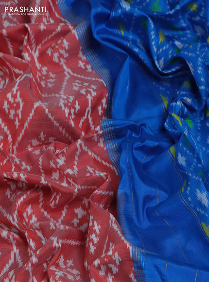 Pochampally silk saree peach orange and cs blue with allover ikat weaves and long ikat woven zari border