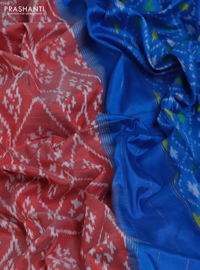 Pochampally silk saree peach orange and cs blue with allover ikat weaves and long ikat woven zari border