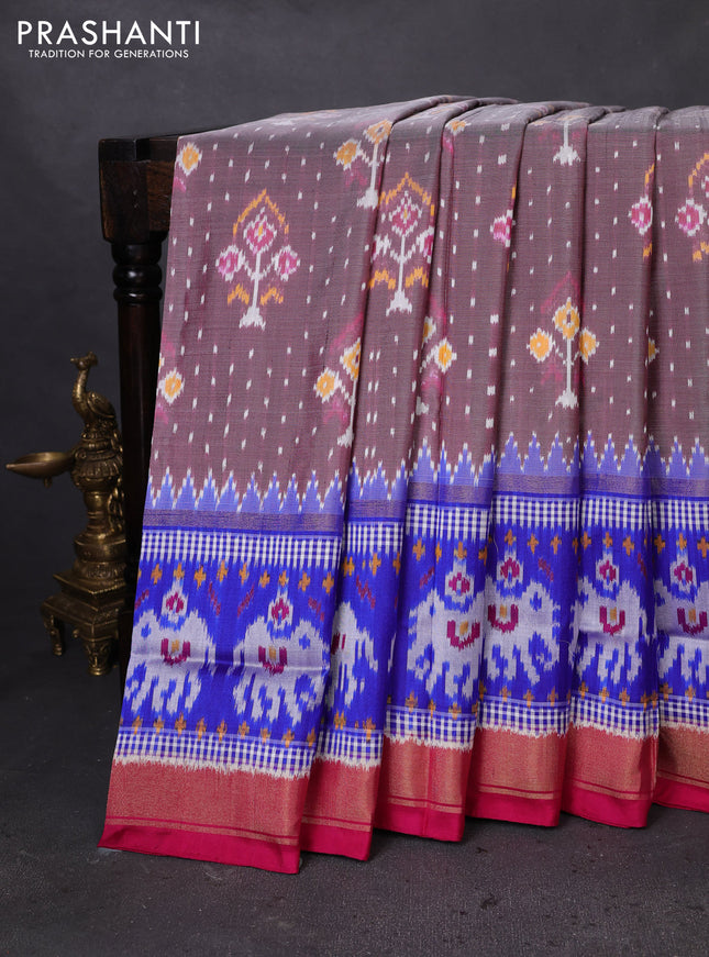 Pochampally silk saree grey and pink with allover ikat weaves and long ikat woven zari border