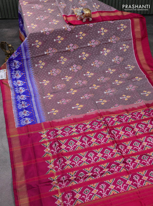 Pochampally silk saree grey and pink with allover ikat weaves and long ikat woven zari border