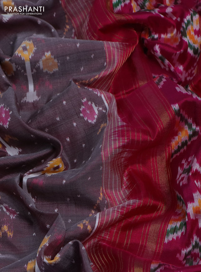 Pochampally silk saree grey and pink with allover ikat weaves and long ikat woven zari border