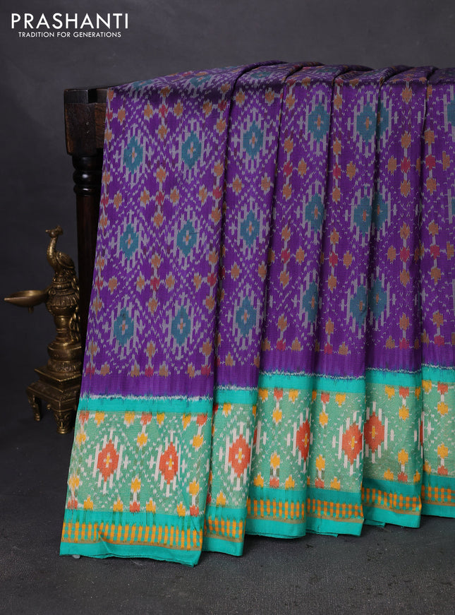 Pochampally silk saree violet and teal green with allover ikat weaves and ikat woven zari border