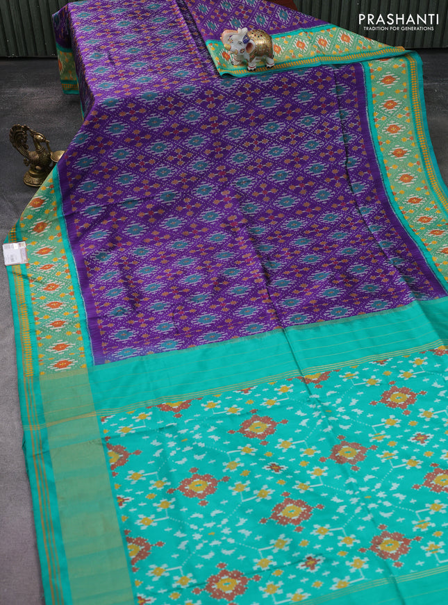 Pochampally silk saree violet and teal green with allover ikat weaves and ikat woven zari border