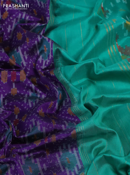 Pochampally silk saree violet and teal green with allover ikat weaves and ikat woven zari border