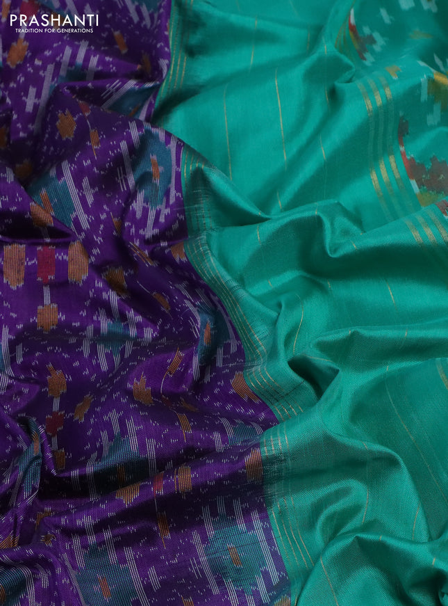Pochampally silk saree violet and teal green with allover ikat weaves and ikat woven zari border