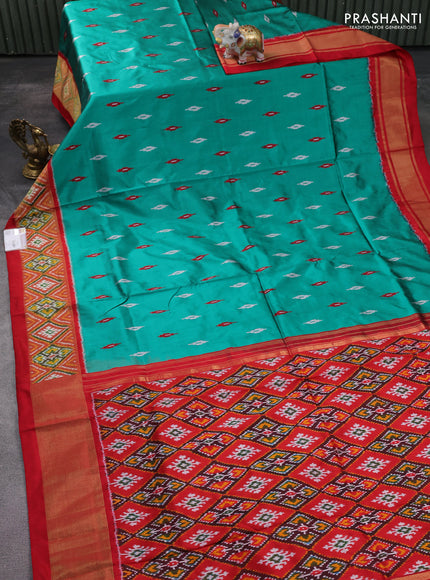 Pochampally silk saree teal green and red with ikat butta weaves and ikat woven zari border