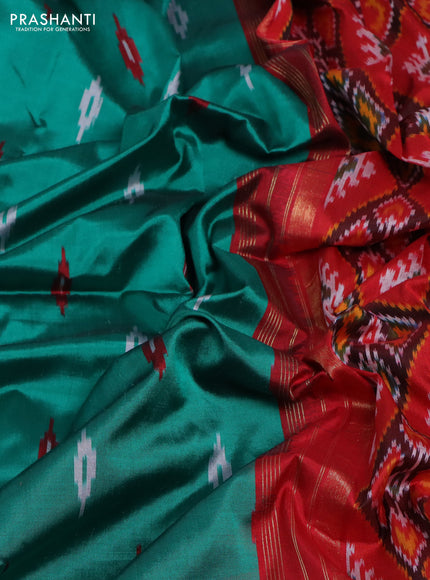 Pochampally silk saree teal green and red with ikat butta weaves and ikat woven zari border