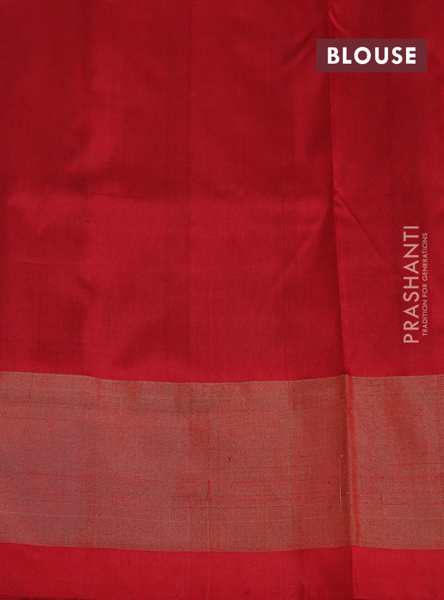 Pochampally silk saree teal green and red with ikat butta weaves and ikat woven zari border