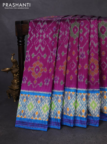 Pochampally silk saree purple and cs blue with allover ikat weaves and ikat woven zari border