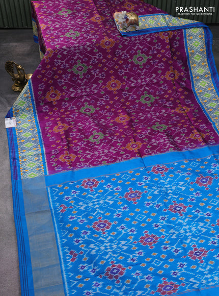 Pochampally silk saree purple and cs blue with allover ikat weaves and ikat woven zari border