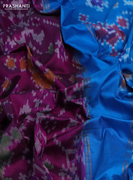 Pochampally silk saree purple and cs blue with allover ikat weaves and ikat woven zari border