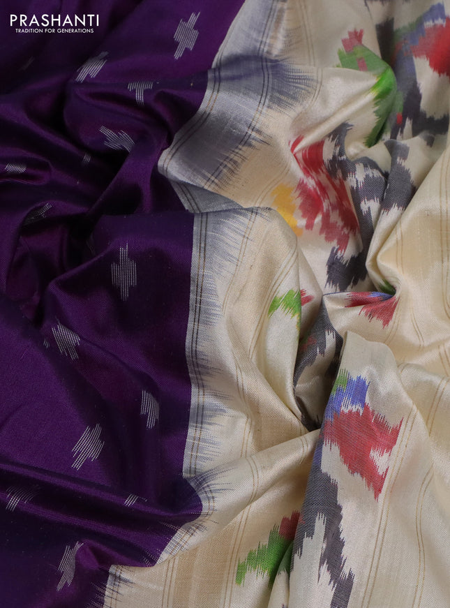 Pochampally silk saree violet and cream with ikat butta weaves and ikat woven zari border