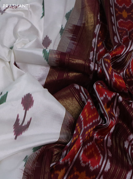 Pochampally silk saree off white and wine shade with ikat butta weaves and long ikat woven border