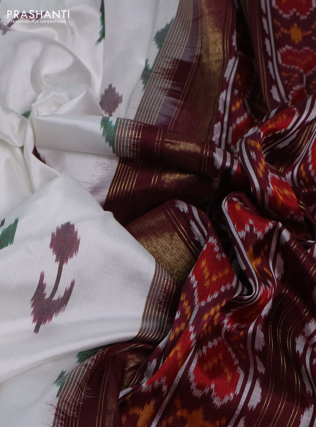 Pochampally silk saree off white and wine shade with ikat butta weaves and long ikat woven border