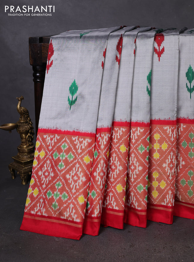 Pochampally silk saree grey and red with ikat butta weaves and long ikat woven border