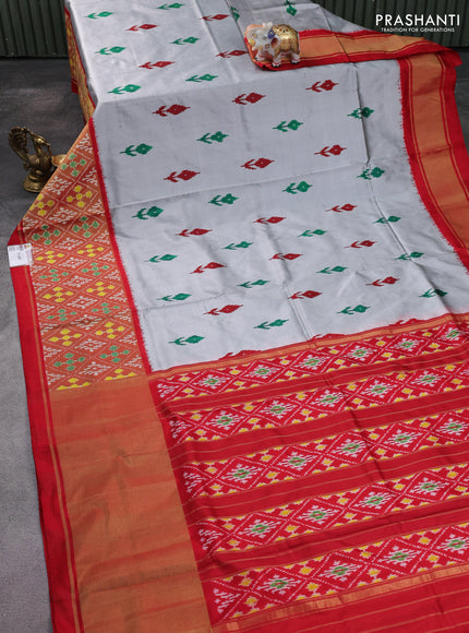 Pochampally silk saree grey and red with ikat butta weaves and long ikat woven border