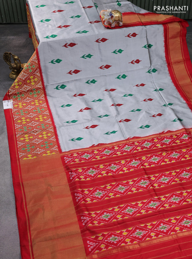 Pochampally silk saree grey and red with ikat butta weaves and long ikat woven border