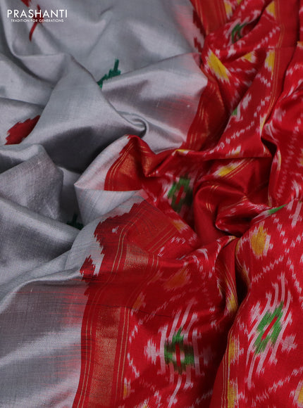 Pochampally silk saree grey and red with ikat butta weaves and long ikat woven border