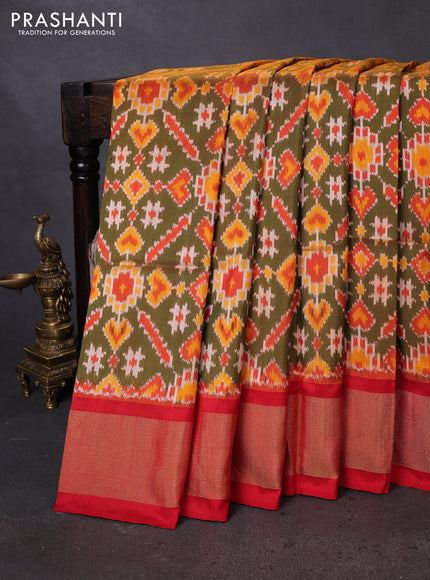 Pochampally silk saree green shade and red with allover ikat weaves and zari woven border