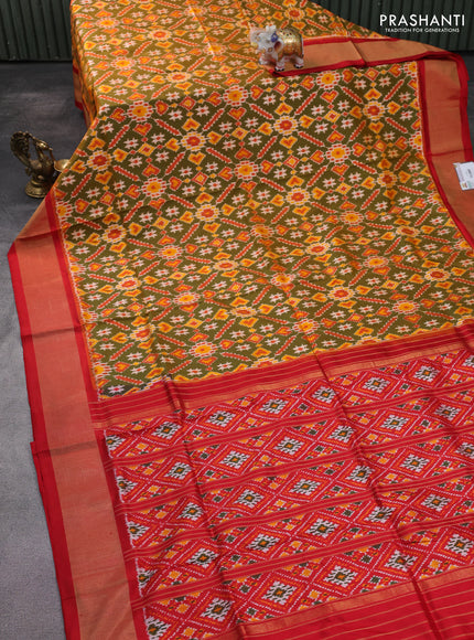 Pochampally silk saree green shade and red with allover ikat weaves and zari woven border
