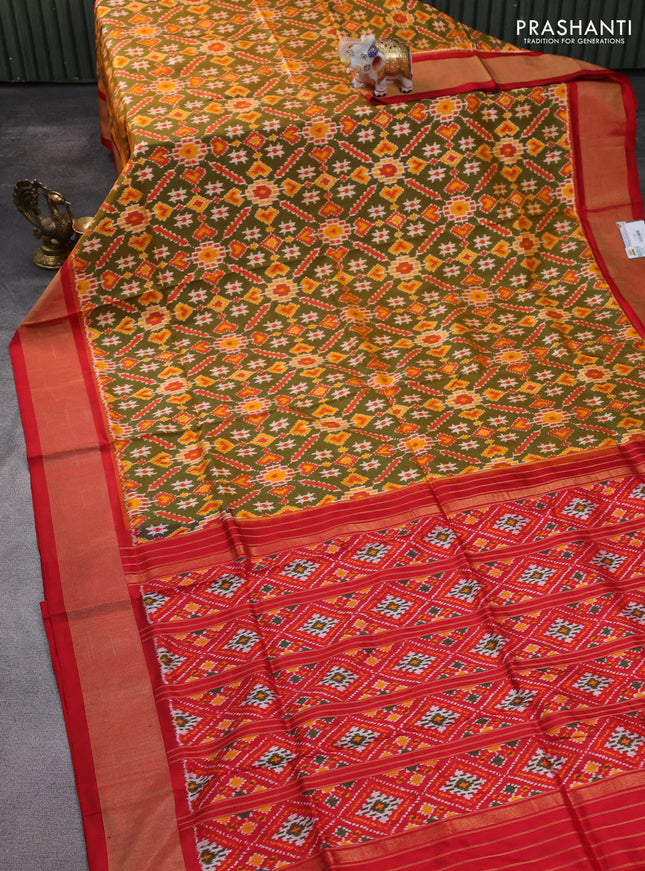 Pochampally silk saree green shade and red with allover ikat weaves and zari woven border