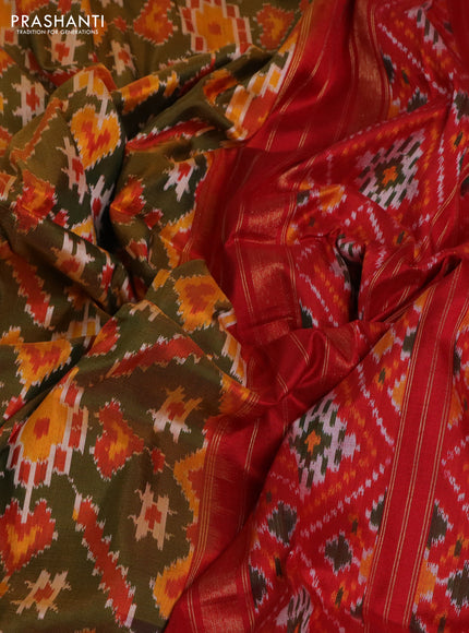 Pochampally silk saree green shade and red with allover ikat weaves and zari woven border