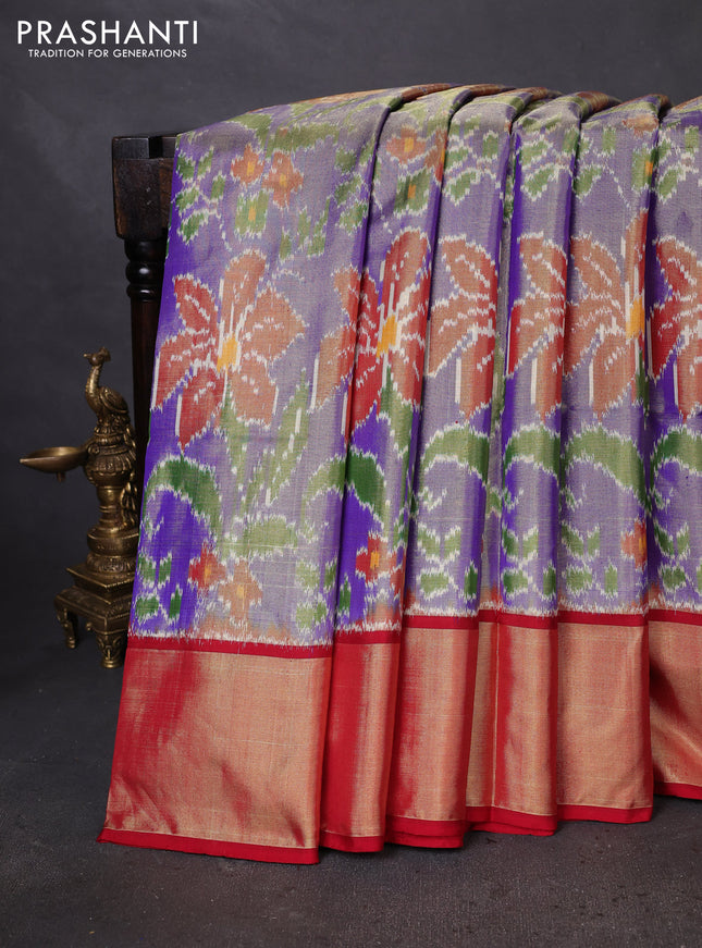 Pochampally tissue silk saree blue and red with allover ikat weaves and zari woven border