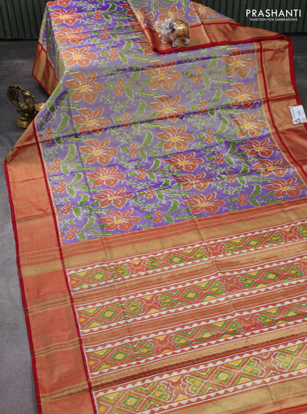 Pochampally tissue silk saree blue and red with allover ikat weaves and zari woven border