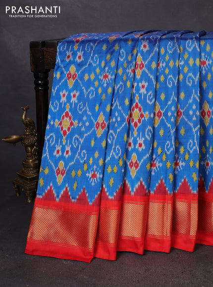Pochampally silk saree cs blue and orange with allover ikat weaves and zari woven border