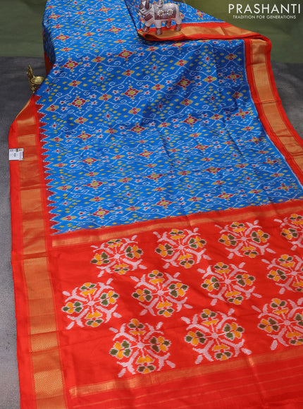 Pochampally silk saree cs blue and orange with allover ikat weaves and zari woven border