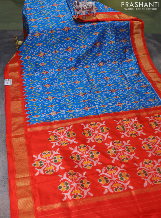 Pochampally silk saree cs blue and orange with allover ikat weaves and zari woven border