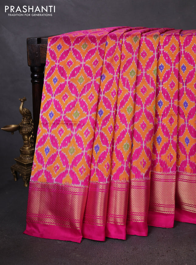 Pochampally silk saree orange and pink with allover ikat weaves and zari woven border
