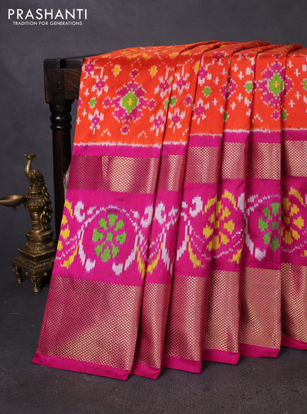 Pochampally silk saree orange and pink with allover ikat weaves and zari woven border