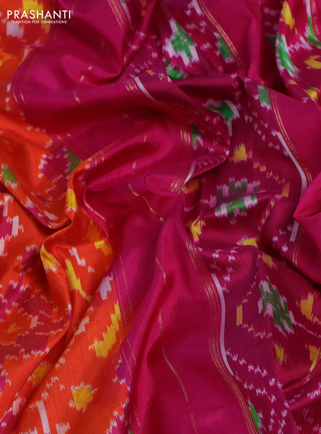 Pochampally silk saree orange and pink with allover ikat weaves and zari woven border