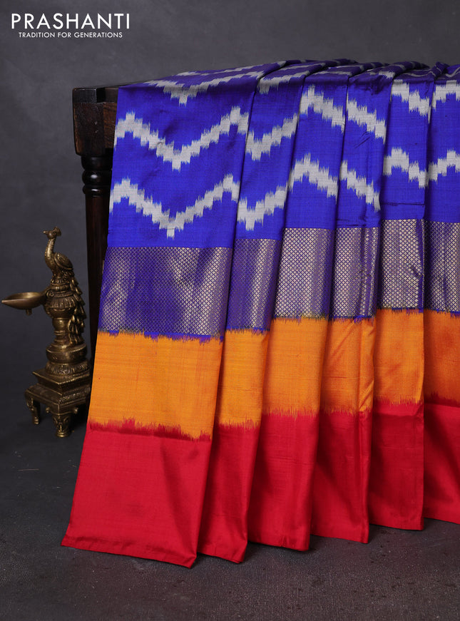 Pochampally silk saree blue and red with zig zag weaves and zari woven simple border