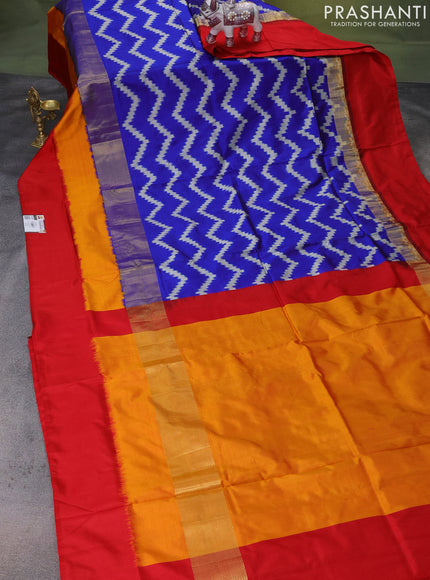 Pochampally silk saree blue and red with zig zag weaves and zari woven simple border