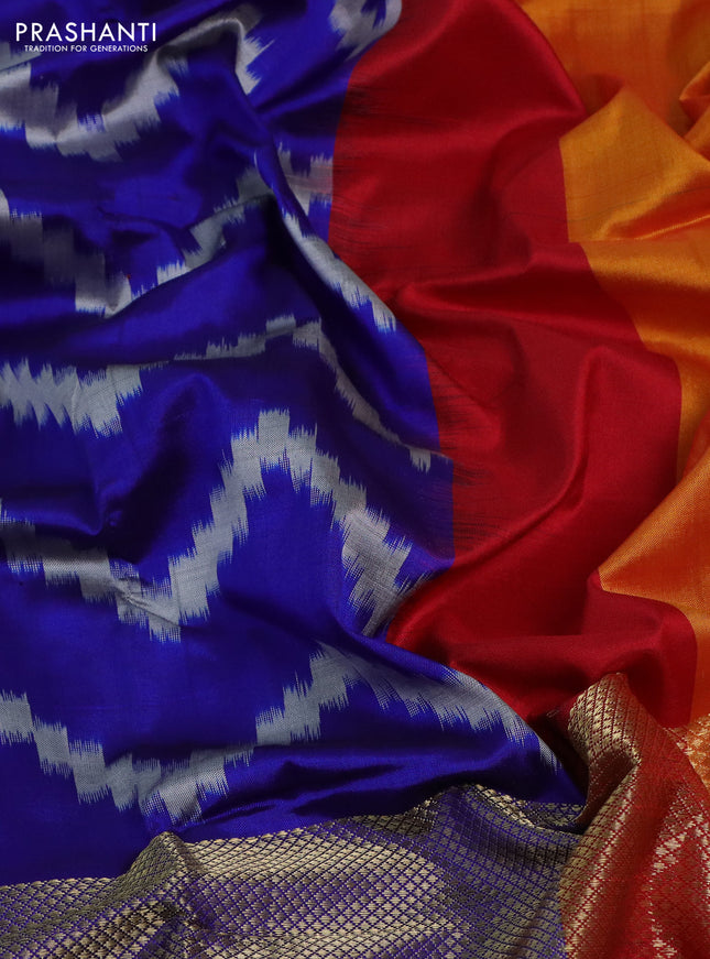 Pochampally silk saree blue and red with zig zag weaves and zari woven simple border