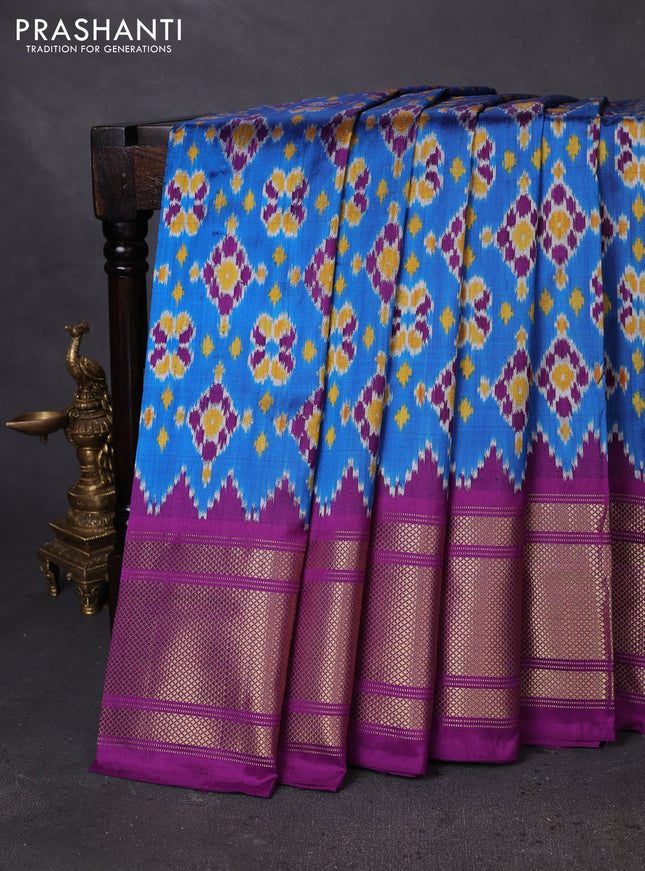 Pochampally silk saree cs blue and purple with allover ikat weaves and long zari woven border