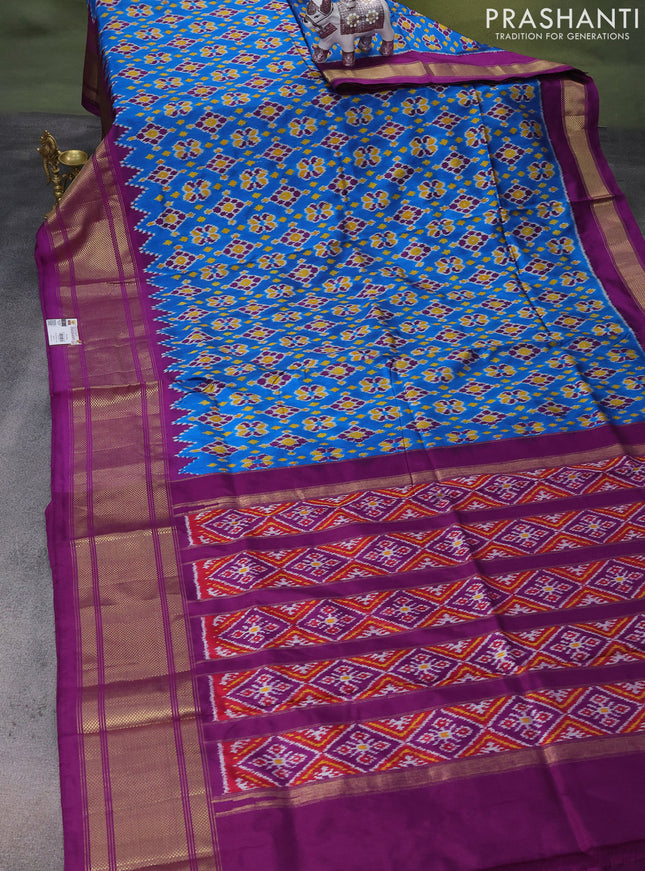 Pochampally silk saree cs blue and purple with allover ikat weaves and long zari woven border