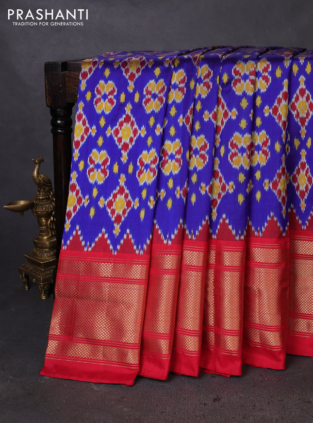 Pochampally silk saree blue and red with allover ikat weaves and long zari woven border