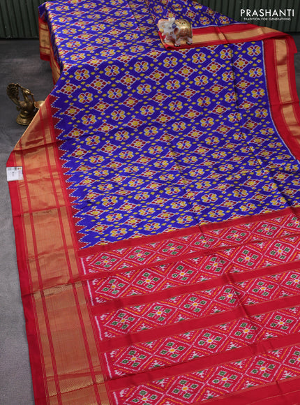 Pochampally silk saree blue and red with allover ikat weaves and long zari woven border
