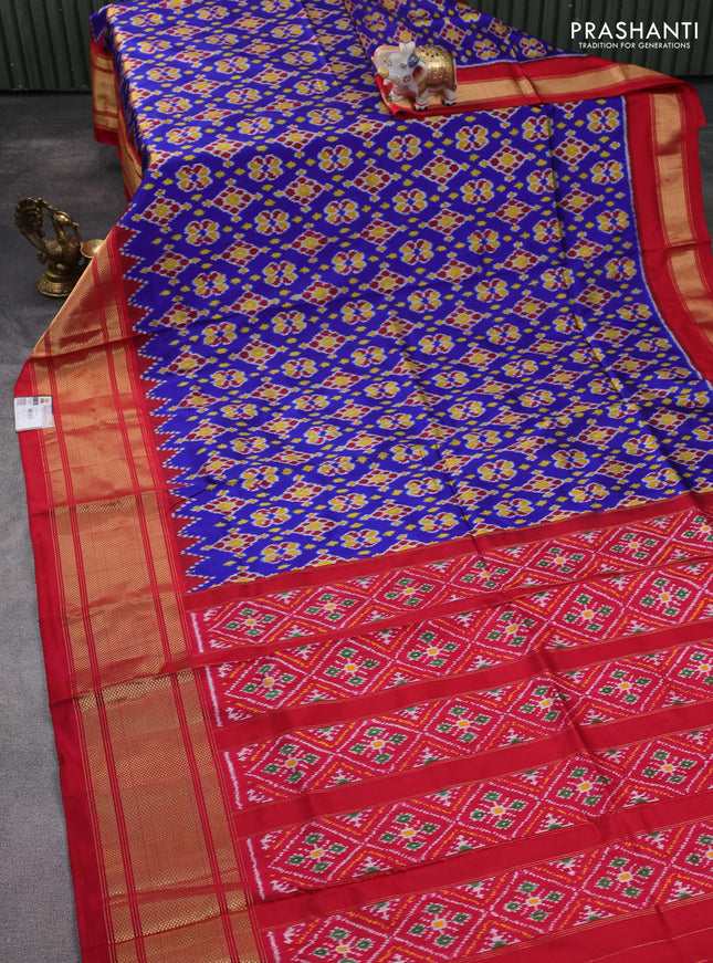Pochampally silk saree blue and red with allover ikat weaves and long zari woven border